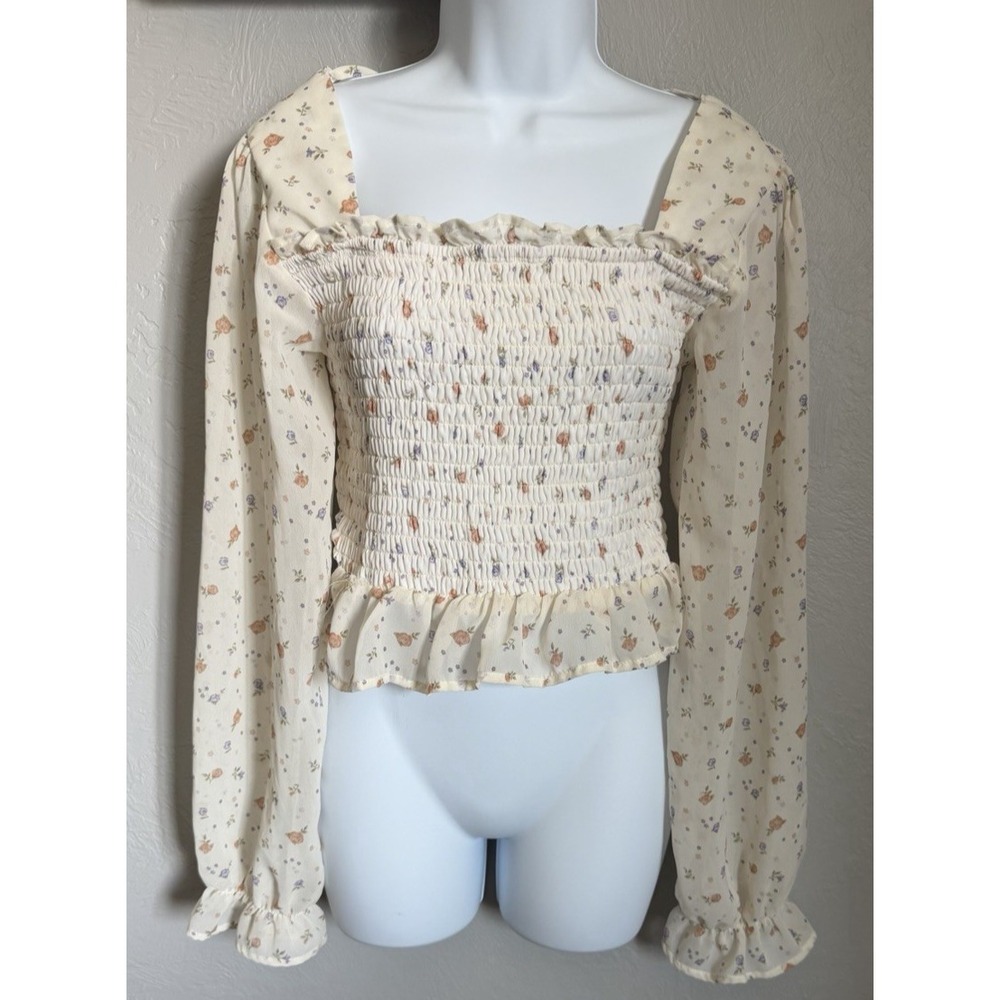 Chance Or Fate Crop Top Womens XL Ivory Floral Smocked Bodice Criss Cross Back